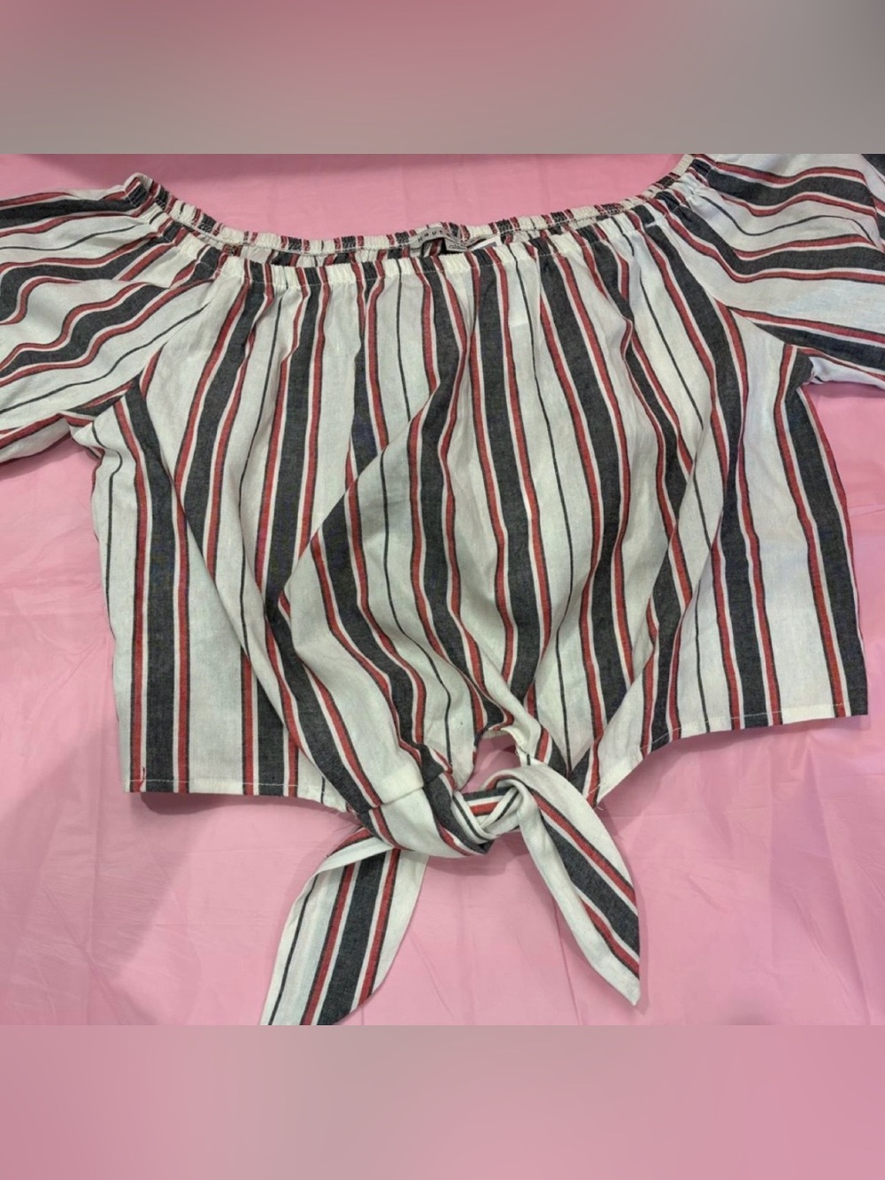 Haute Monde Striped Tie-Front Women’s Shirt White Red Gray Retro NWT Sz M